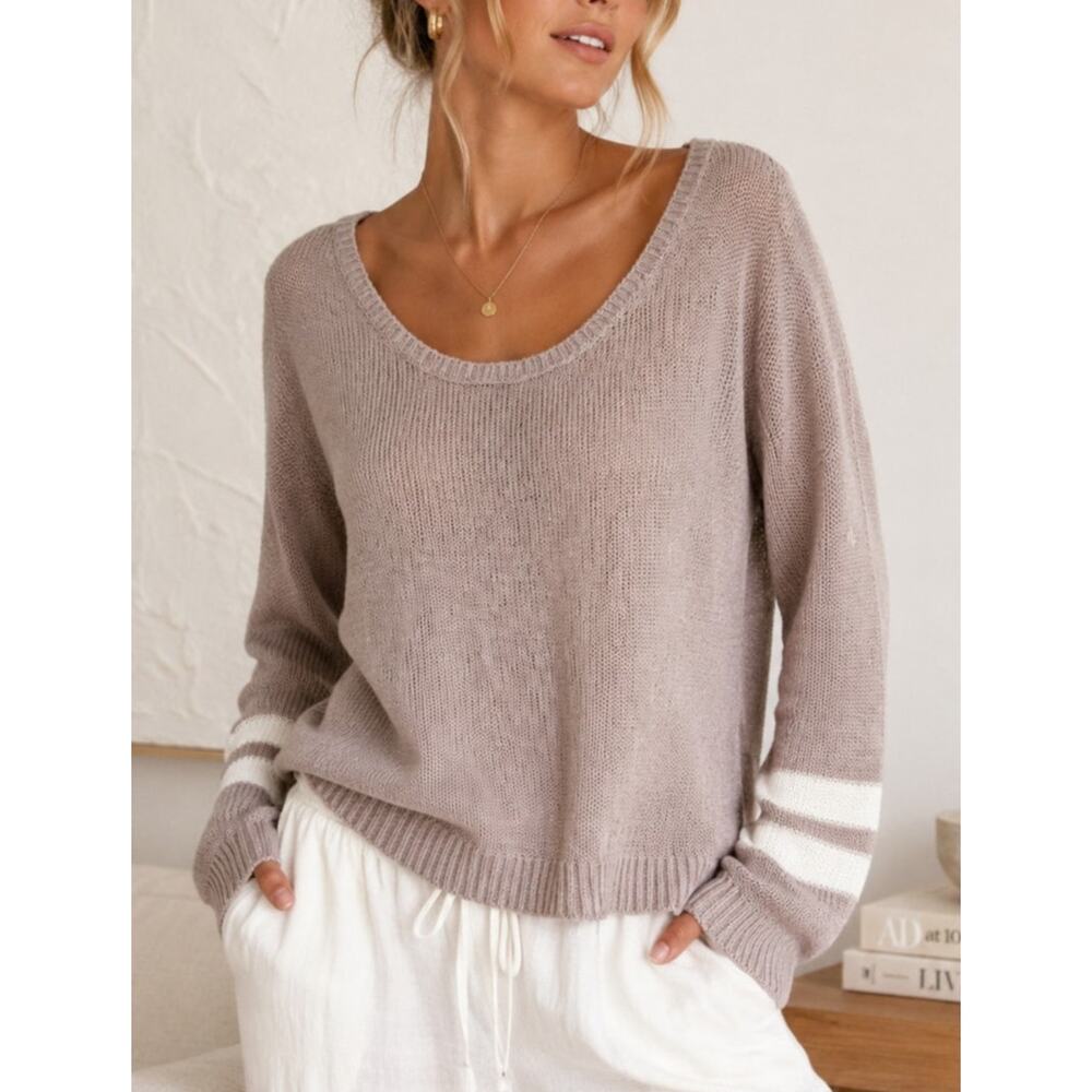 360 Sweater Womens Linen Knit Sweater Large Tan Stripe Quiet Luxury Coastal